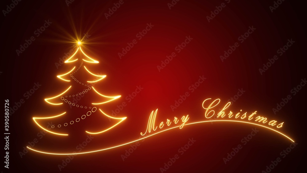 Merry Christmas - gold lettering on red background with christmas tree - neon style - 3D illustration Merry Christmas - gold lettering on red background with christmas tree - neon style - 3D illustration