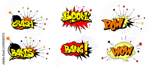  Funny cartoon superhero elements:  crash,  boom,  pow, bang, wow, bams
