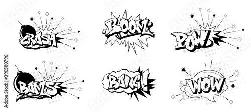  Funny cartoon superhero elements:  crash,  boom,  pow, bang, wow, bams