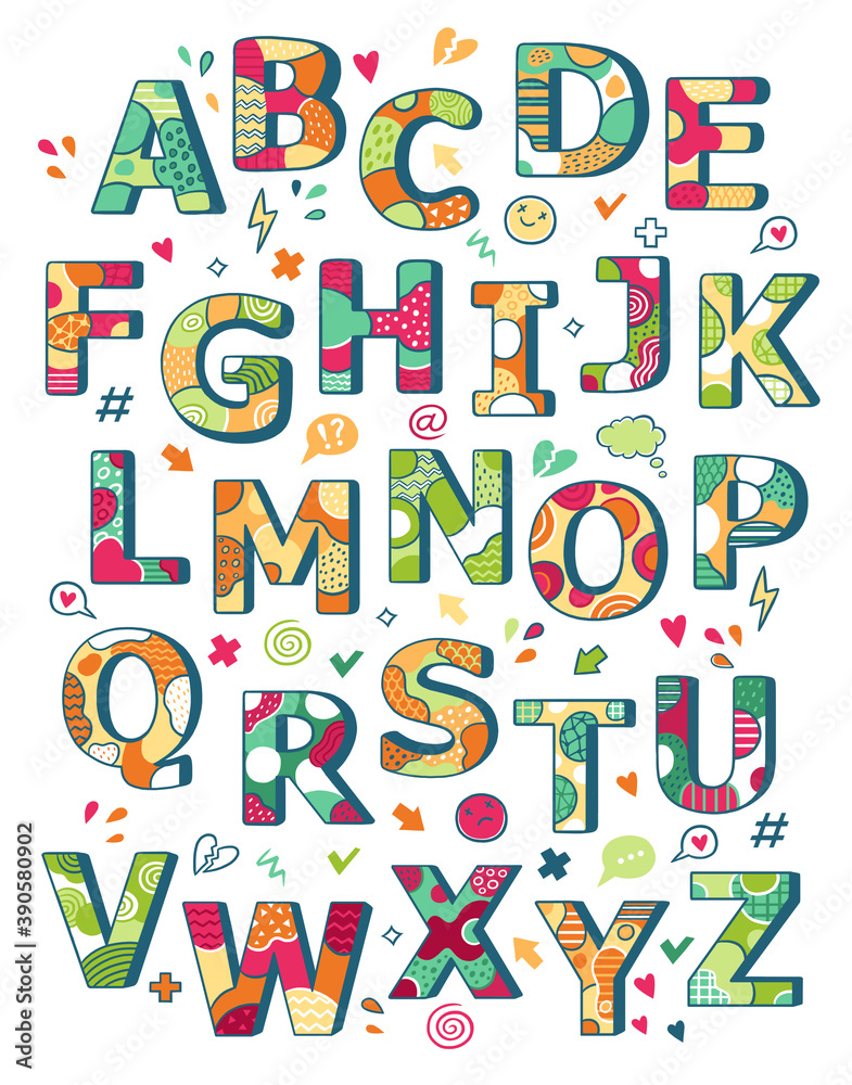 Fototapeta premium Bright English funny alphabet in a teenage, children's style. Decorated with bright details, ornaments, graffiti