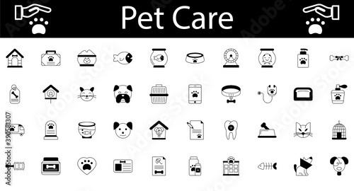 Pet Care Icons Set, Rescue and Adoption Vector Glyph, Cat and Dogs accessories Symbol on White Background, Animal foster care and Shelter Symbol on White Background