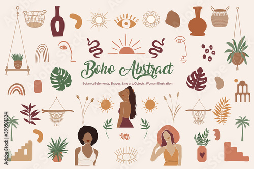 Boho Abstract elements for creating cards, templates, posters. Woman, botanical illustration, interior decor objects.