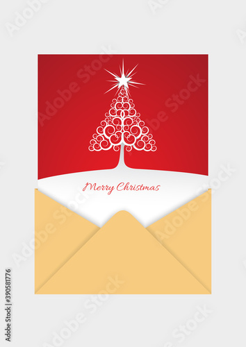 Printable Christmas card. Open envelope with paper sheet or invitation card template. Vector isolated illustration.