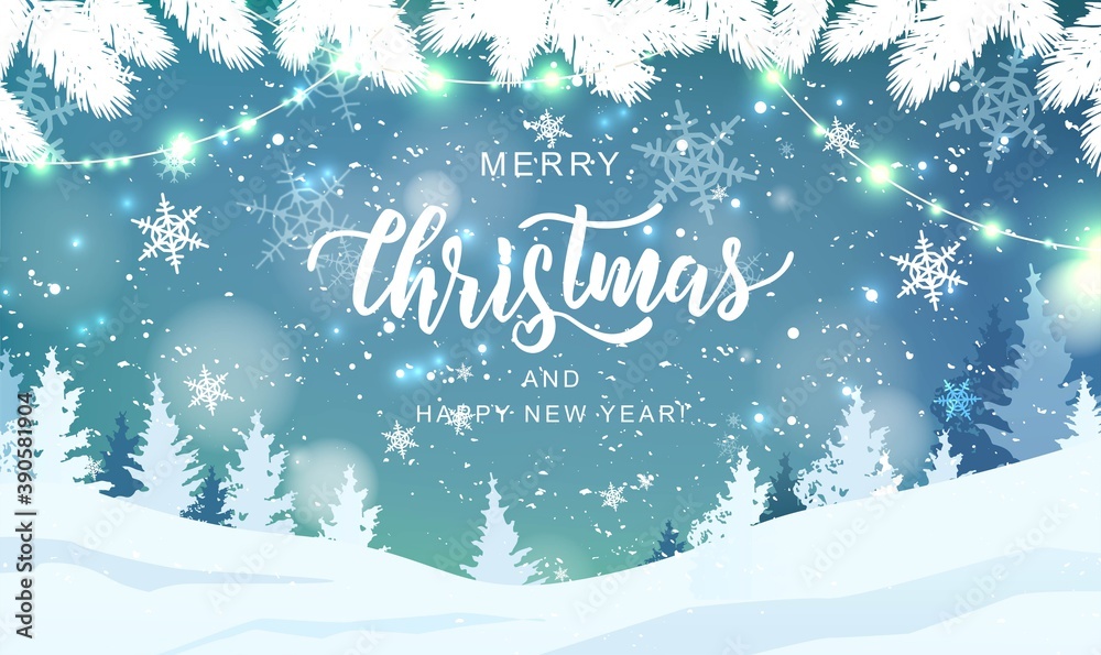 Merry Christmas hand lettering on blur background with snowflakes, trees, garlands, falling snow. Holiday winter landscape. Vector illustration.