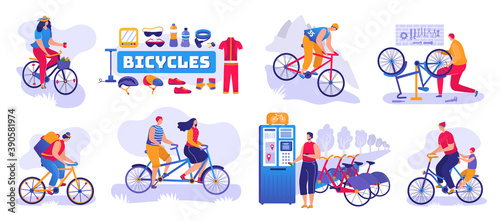 Bicycle shop set of isolated vector illustration. Bikes and bicycles store, repair shop service. Cycles wheels, accessories, tools and cloths. Tandem and bicycling machines station. Wheelman.