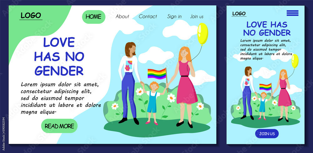 Love has no gender. Lgbt community mobile app web site template. Couple of lesbian parents with a child and rainbow flag during a gay rights parade. Landing home page. Stock vector flat illustration