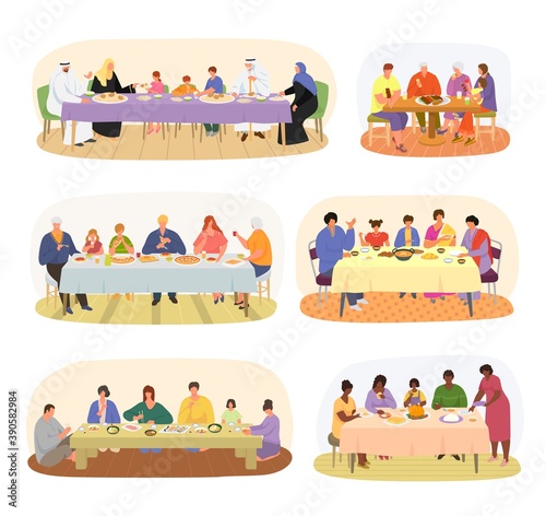 Family dinner, different nationality families sitting at dining table set of vector illustration. Muslim, chinese, european family eating festive dinner. Traditional home meal. Parents and children.