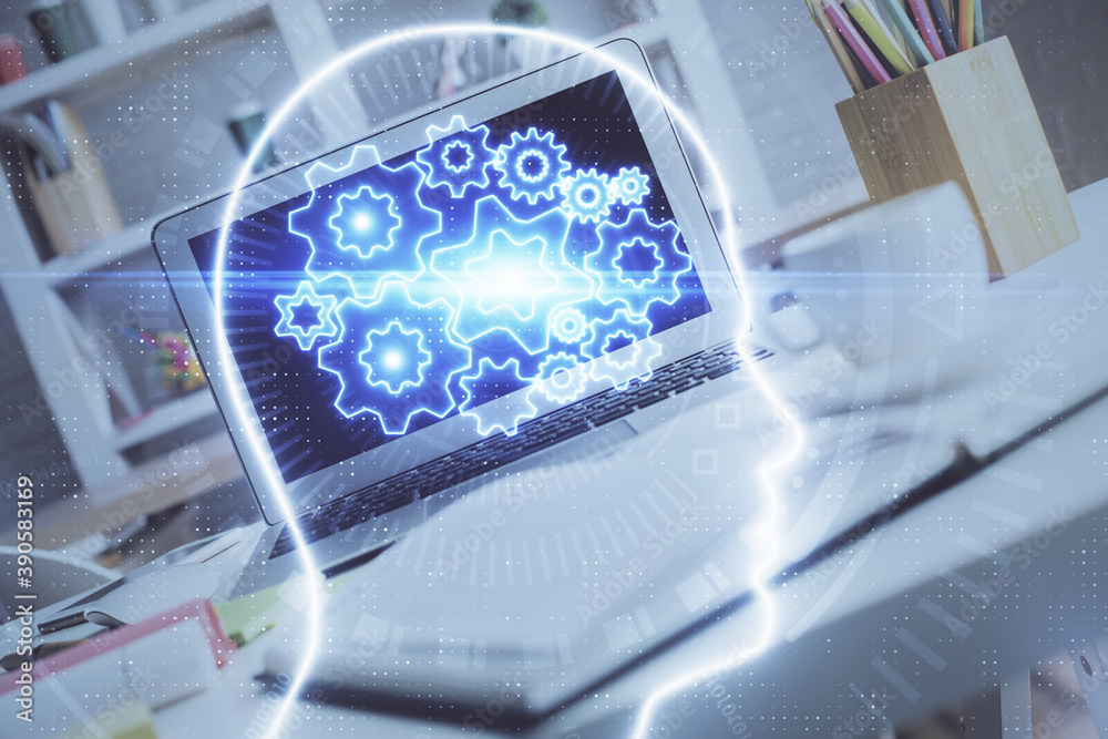 Double exposure of desktop computer and human brain drawing hologram. Ai concept. Double exposure of desktop computer and human brain drawing hologram. Ai concept.
