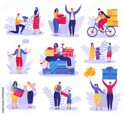 People giving presents, gifts to friends, children, loved ones set of men, women and kids celebrating holidays vector Illustrations on a white background. Birthday, christmas or valentines gift.