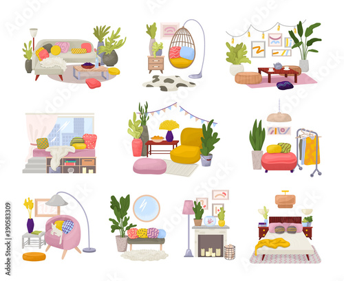 Hygge interiors collection with stylish comfy furniture and scandinavian home decorations vector illustration set. Cozy living rooms or apartments furnished in trendy hygge style. Modern furniture.