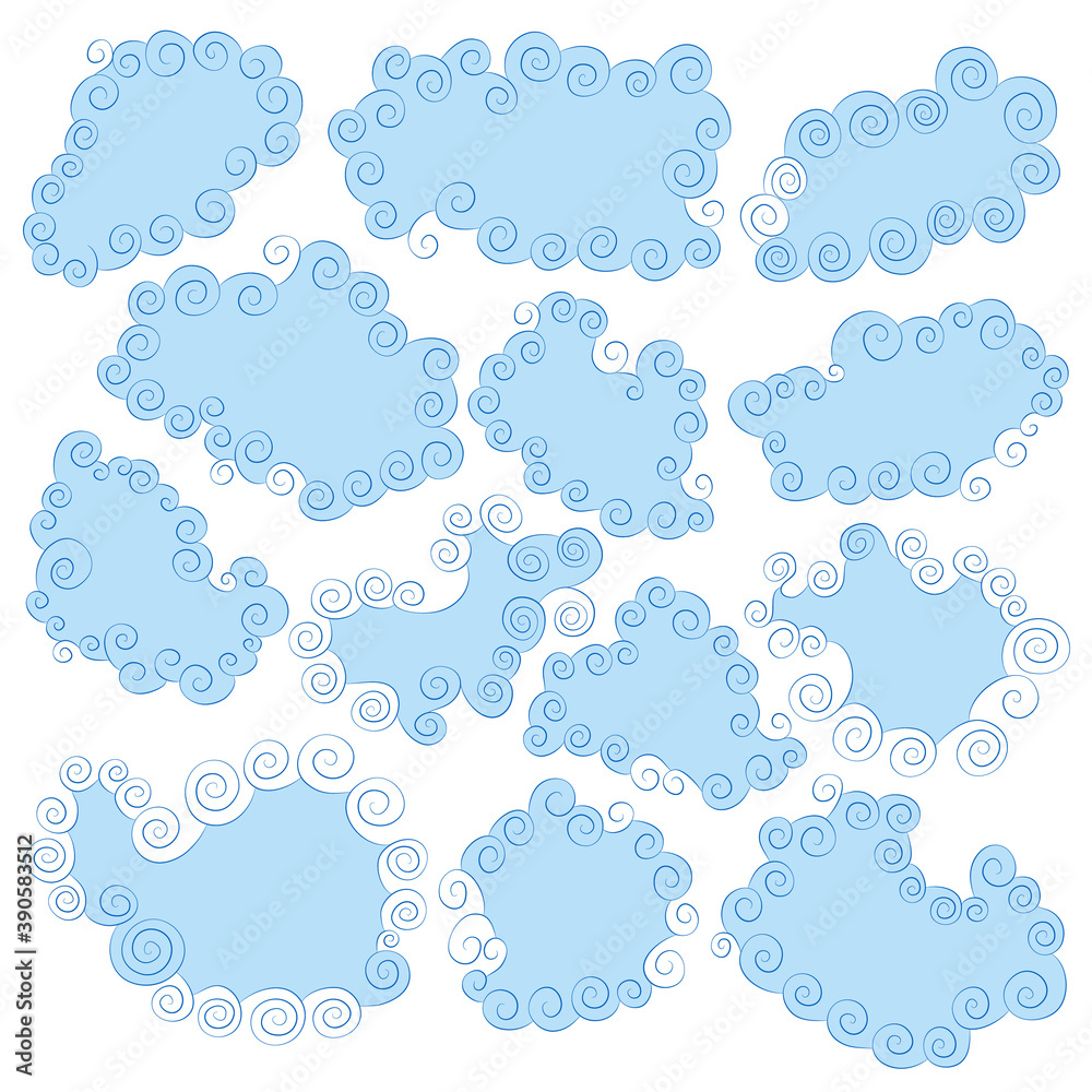 Set of blue glamor speech clouds with curls and waves Set of blue glamor speech clouds with curls and waves