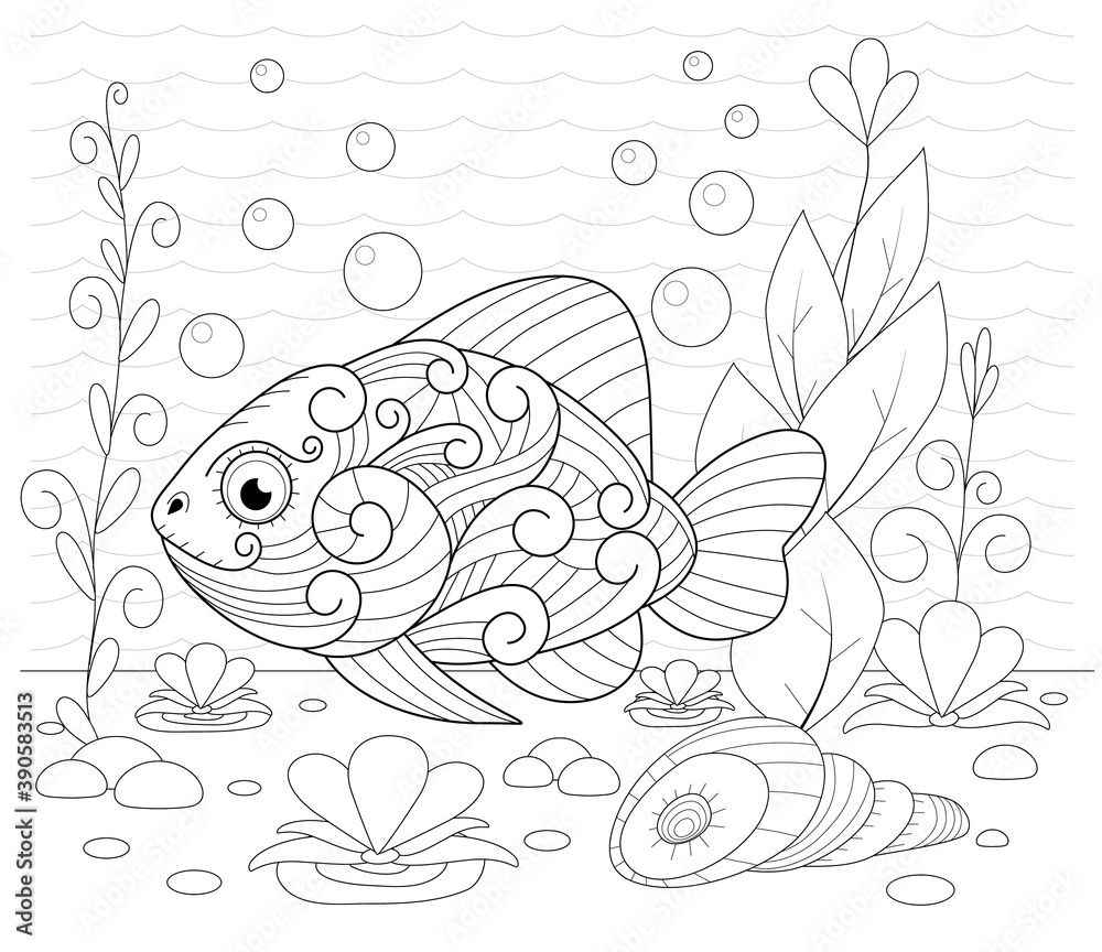 Hand drawn decorative fish in the waves and with seaweed Hand drawn decorative fish in the waves and with seaweed