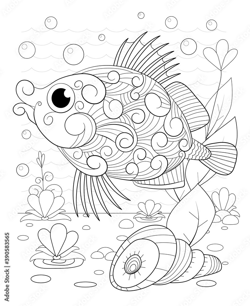 Hand drawn decorative fish in the waves and with seaweed Hand drawn decorative fish in the waves and with seaweed