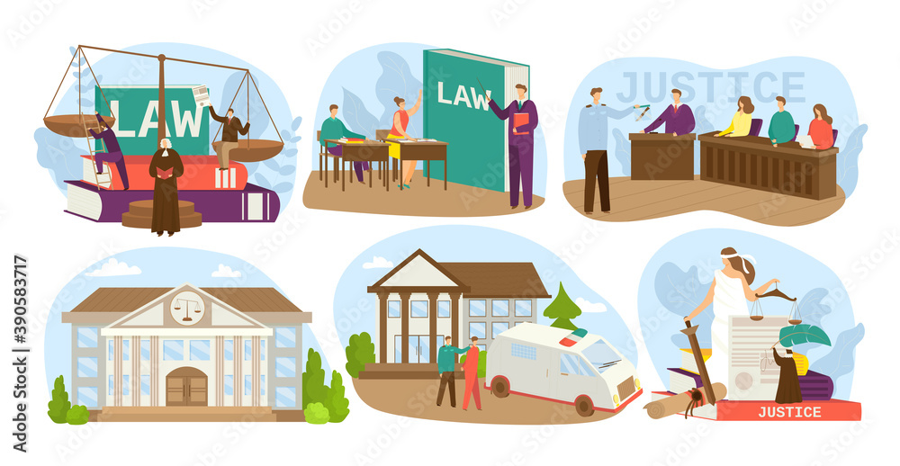 Law and justice design set of vector illustrations. Judgment court, house of justice, trial by jury, honest judge icons. Crime punishment authority. Justice statue god with scale. Trial at courthouse.
