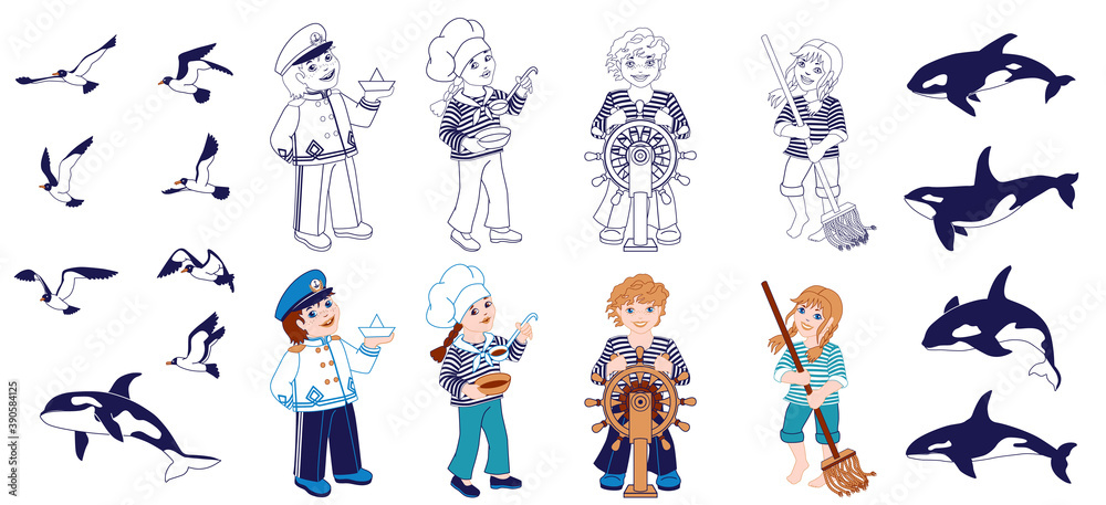 Naklejka premium Nautica Set of cartoon characters. Coloring page.