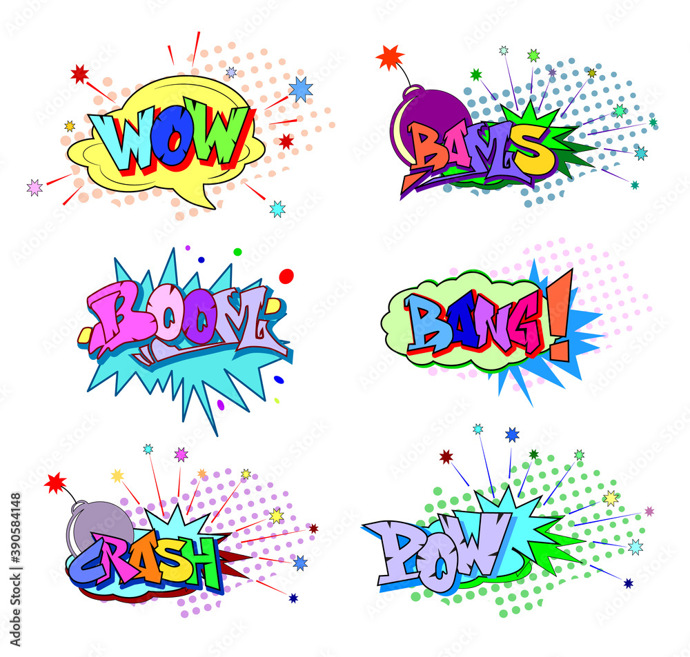  Funny cartoon superhero elements:  crash,  boom,  pow, bang, wow, bams