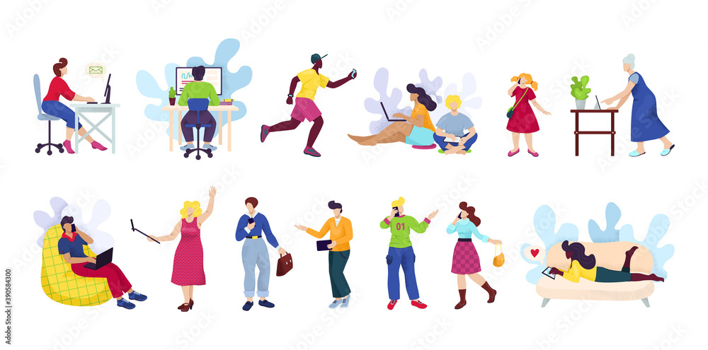 People with smartphones, digital devices set of cartoon vector illustration. Man and woman using technology gadget smart phone, mobile phone or tablet in social network communication media.
