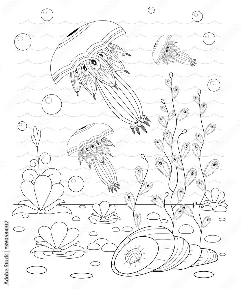 Naklejka premium Hand drawn decorative jellyfish in the waves and with seaweed