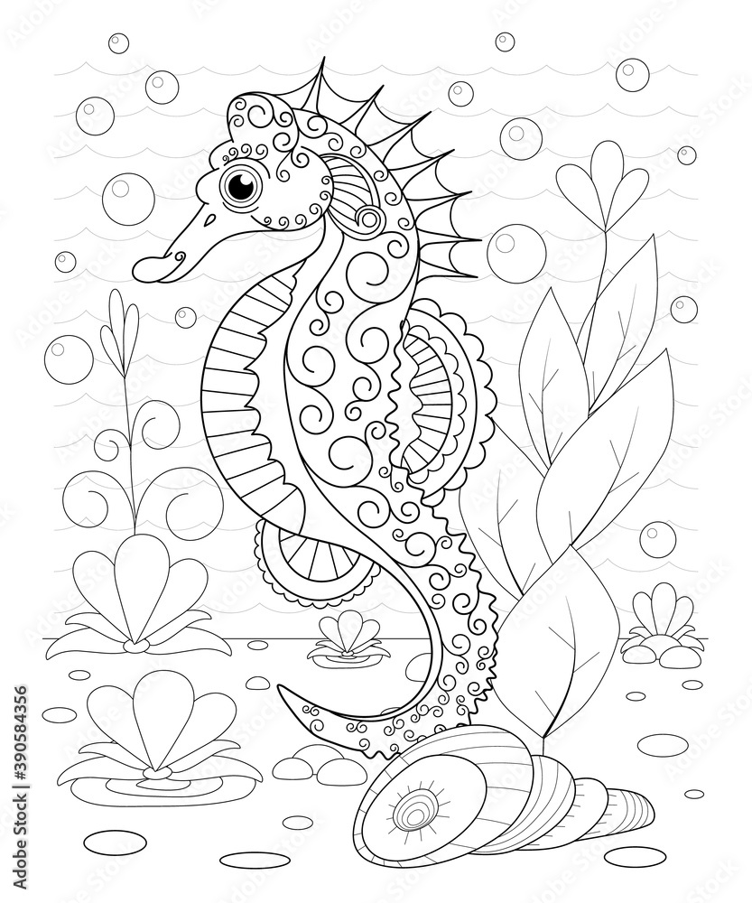 Hand drawn decorative sea Horse in the waves Hand drawn decorative sea Horse in the waves