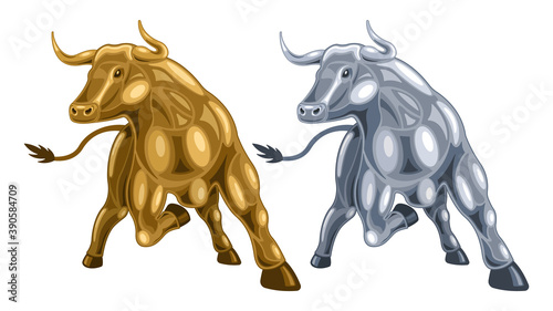 Metal gold, iron bull front view isolated white background, 2021 Chinese new year according to the Eastern calendar. Vector illustration cartoon style.