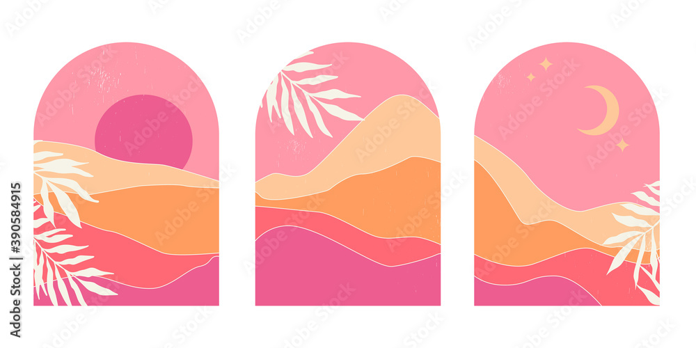 Set of abstract mountain landscapes in arches at sunset with sun and moon in aesthetic minimalist mid century style in pink and sand colors. Background for social media or print.