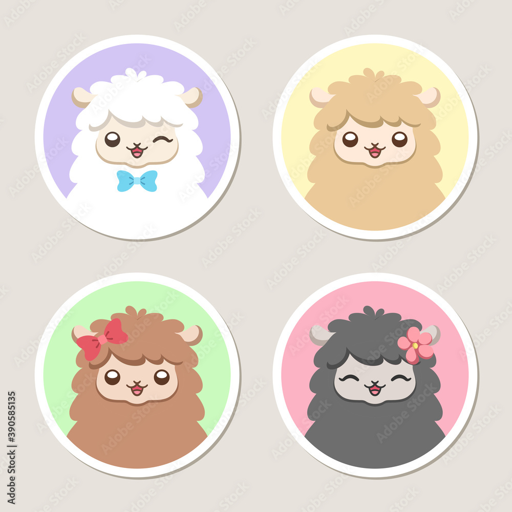 Cute sheep, alpaca, llama animal cartoon characters with different colors and happy facial expressions, set of 4. Simple flat sticker, patch, badge, pin, emblem vector illustration design. Cute sheep, alpaca, llama animal cartoon characters with different colors and happy facial expressions, set of 4. Simple flat sticker, patch, badge, pin, emblem vector illustration design.