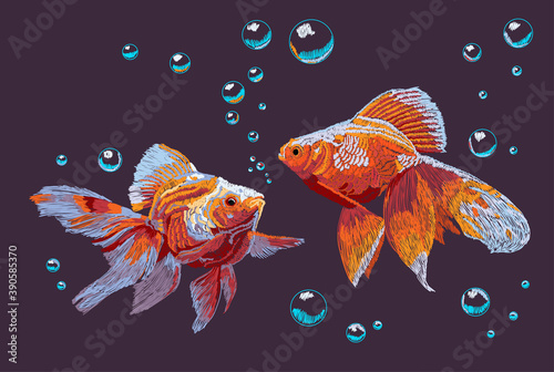 Imitation of embroidery of Chinese goldfish and bubble of water