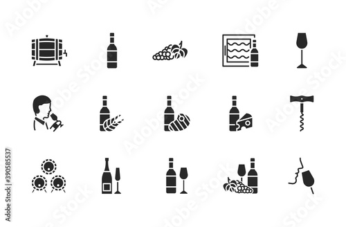 Wine flat glyph icon set. Vector illustration black symbols about different types of wine for fish, meat and cheese. Grape, sommelier, cheese, barrel, corkscrew