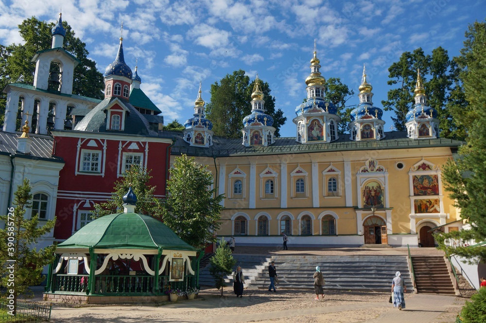 Holy Dormition Pskov-Pechersky Monastery. Domes of the Intercession Church, built over the Assumption cave temple