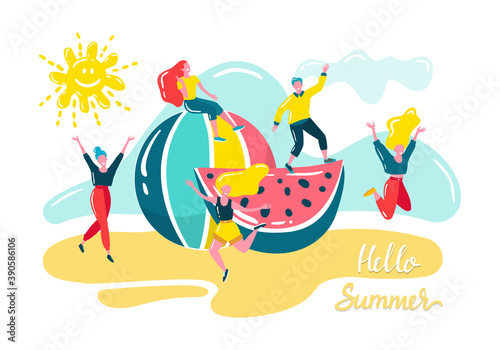 Hello summer vector illustration isolated on white with watermelons and lette...
