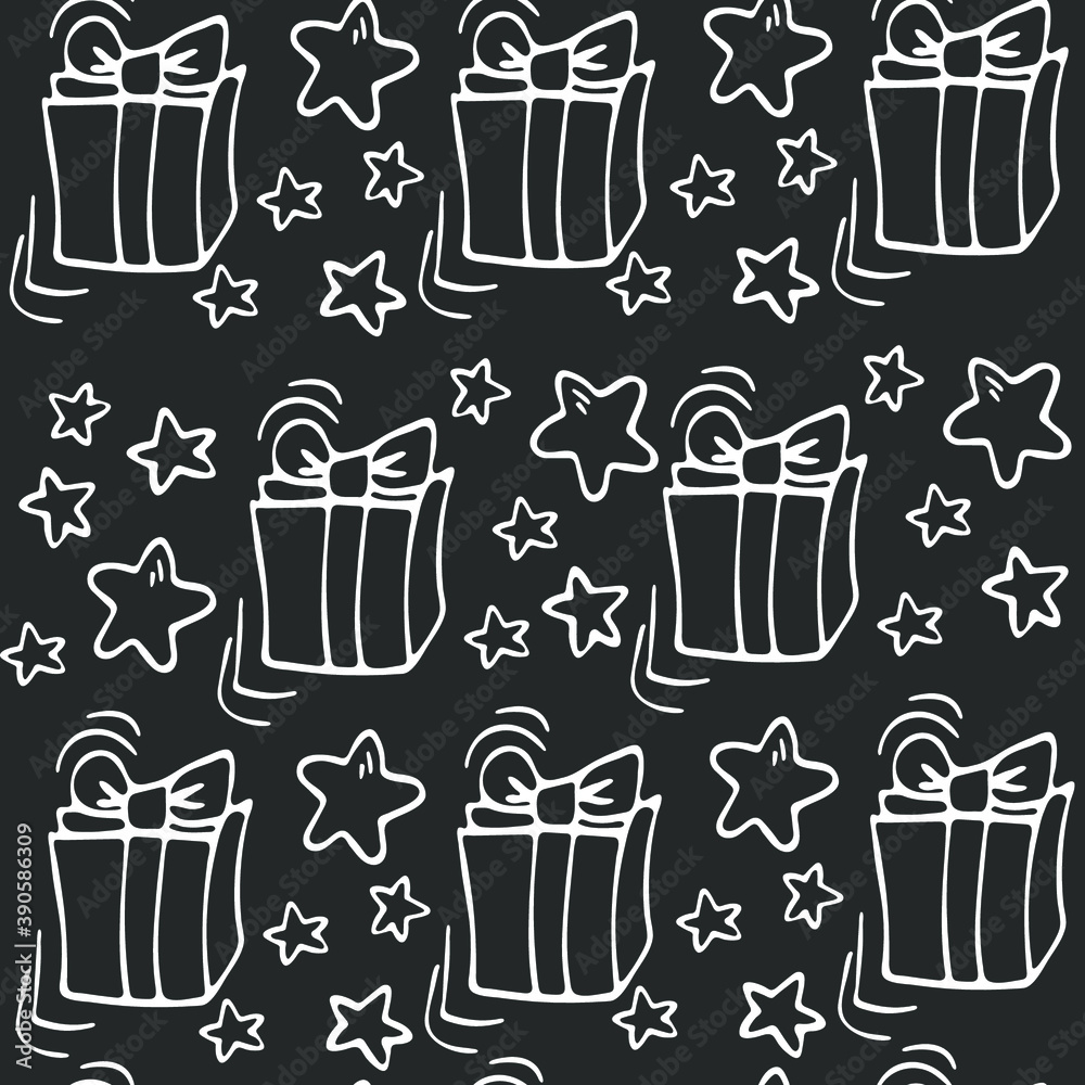 Beautiful seamless pattern with gifts in hand-drawn style. Vector illustration