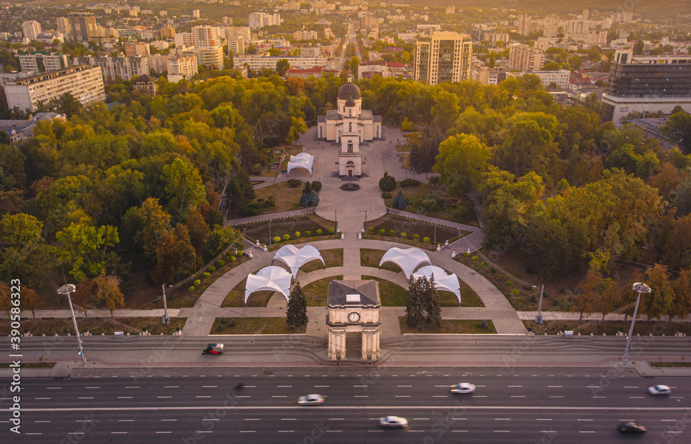 Chisinau Central Park, Moldova 2020. The Triumphal Arch. Aerial view