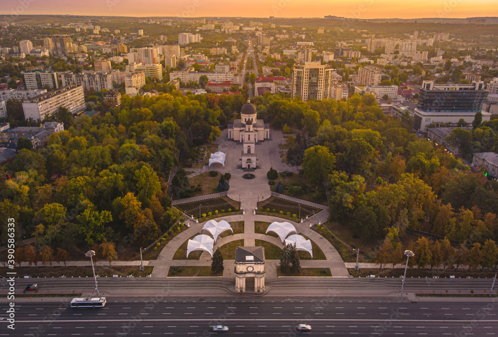 Chisinau Central Park, Moldova 2020. The Triumphal Arch. Aerial view
