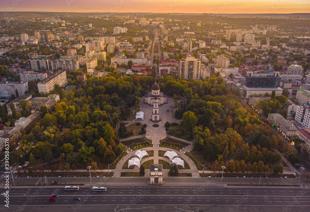 Chisinau Central Park, Moldova 2020. The Triumphal Arch. Aerial view