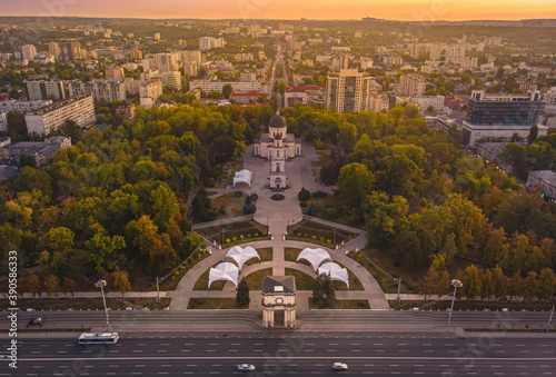 Chisinau Central Park, Moldova 2020. The Triumphal Arch. Aerial view