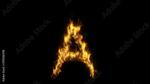 3D animation of the letter a on fire with alpha layer