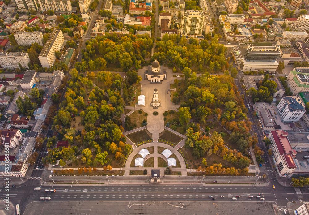 Chisinau Central Park, Moldova 2020. The Triumphal Arch. Aerial view