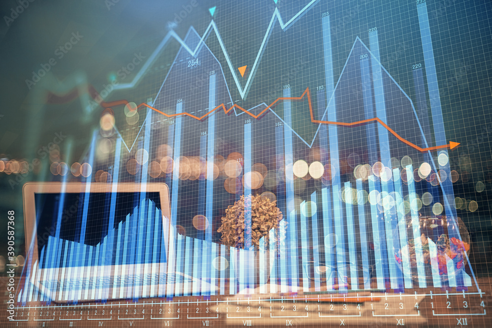 Double exposure of graph and financial info and work space with computer background. Concept of international online trading. Double exposure of graph and financial info and work space with computer background. Concept of international online trading.