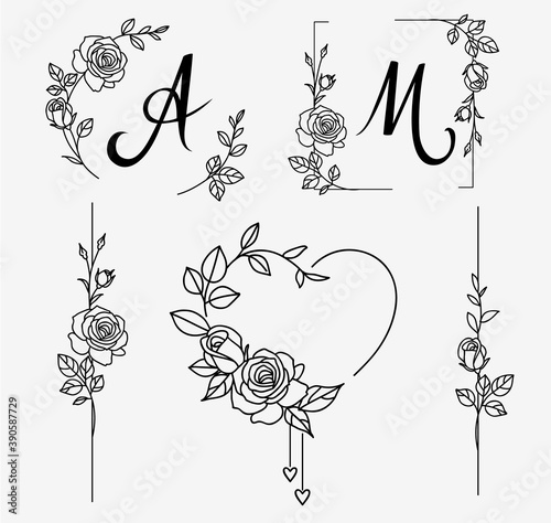 Set of decorative frame and border elements with roses for wedding design. Hand drawn sketch. Vector illustration.