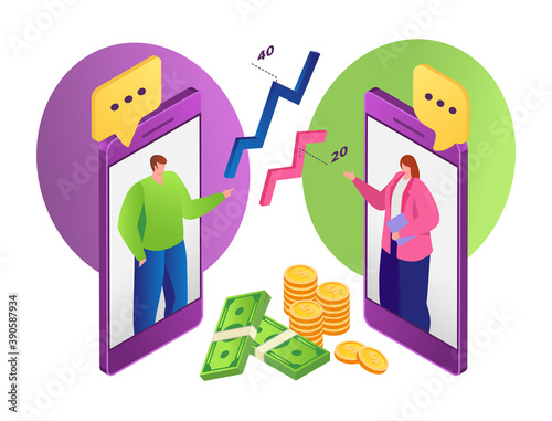 Online negitiations with business partners, senior executive explaining about money vector illustration. Remote business meeting. Financial negotiations by videoconference during pandemic.