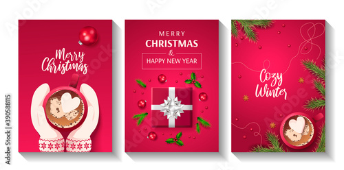 Set of cards for Happy New Year and Christmas. Hands in mittens, cup of coffe, balls, gift box, holly, fir branches. A4 vector illustration for invitation, card, flyer, poster, banner, postcard.