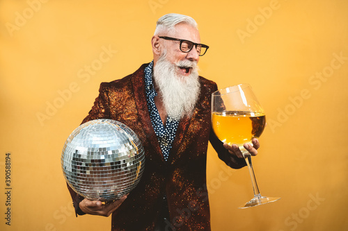 Sticker Senior party man celebrating new year's eve in disco club
