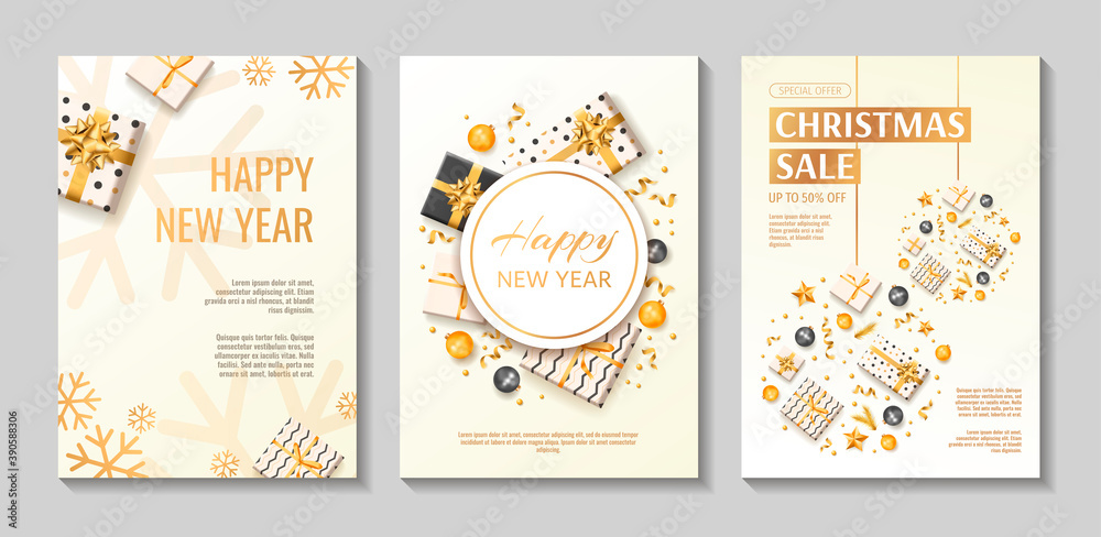 Merry Christmas and Happy New Year promo sale flyers. White, black and golden collors. Gift boxes, Christmas balls, ribbons. A4 vector illustration for poster, banner, discount, card, special offer.