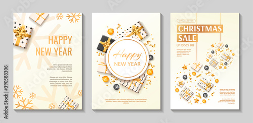 Merry Christmas and Happy New Year promo sale flyers. White  black and golden collors. Gift boxes  Christmas balls  ribbons. A4 vector illustration for poster  banner  discount  card  special offer.