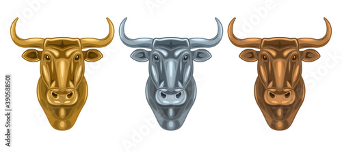 Set metal gold, iron, bronze heads of a bull isolated on a white background. Vector illustration cartoon style.