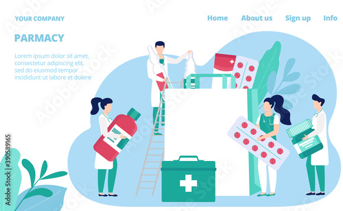 Pharmacy store website template, vector illustration. Pharmacists, druggists with medicines and drugs, pills and healthcare bottles. Health care medical shop webpage. Drugstore pharmaceutical store.