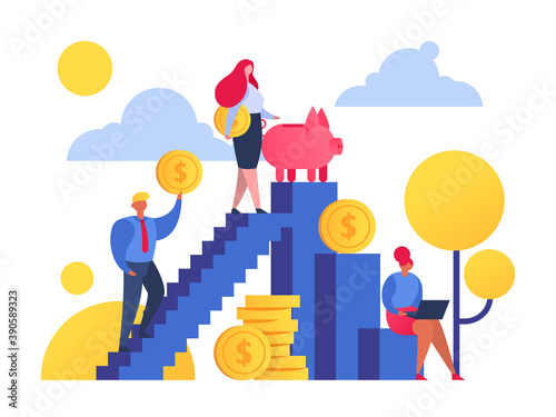 Save money people getting up on stairs to wealth and economy concept flat vector illustration. Golden coins, piggy bank. Save money. Cash deposit, budget planning. People invest monthly income.