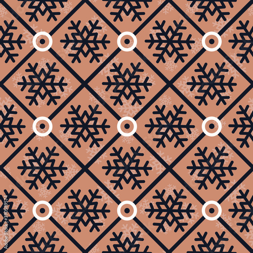 Geometrical seamless pattern with snowflakes in rhombuses; for greeting cards, wrapping paper.