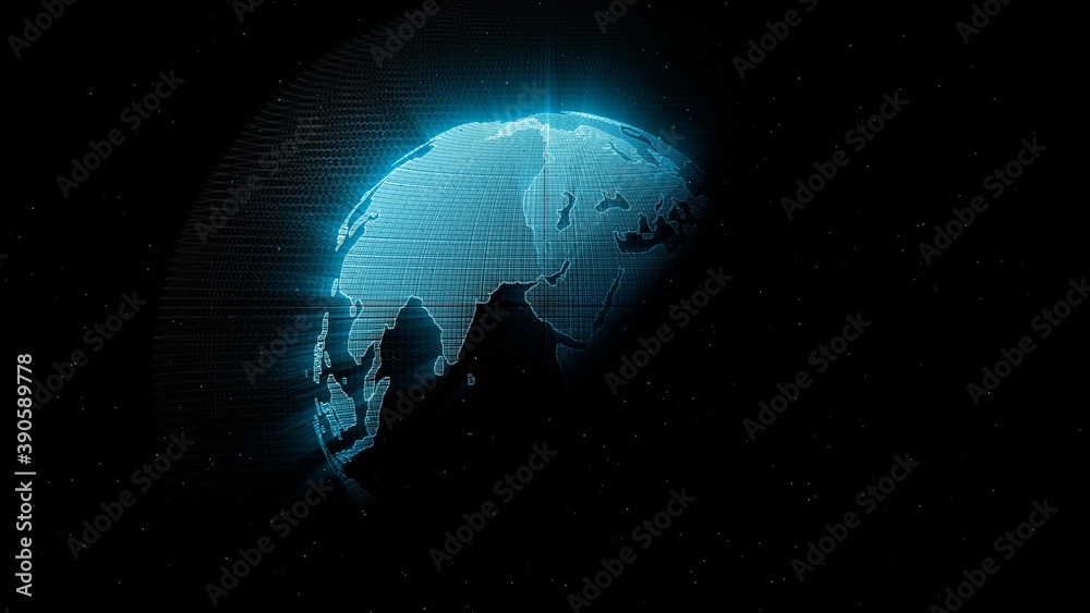 Naklejka premium Digital 3D Globe,Creative concept of future technology and business scientific growth ,network, planet earth rotating with illuminating light rays and Digital Clouds, 3D render