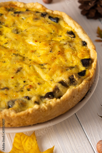 Quiche pie with mushrooms and cheese, autumn background with fallen maple and oak leaves, pine cones and hazelnuts